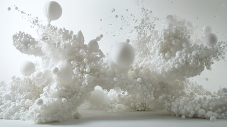 An energetic explosion of Styrofoam mini balls in various sizes, creating a dynamic and textured visual effect.の素材