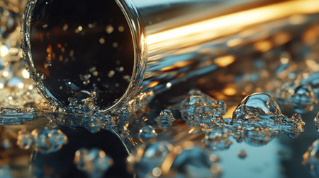 An old stainless steel pipe with a leak, water droplets reflecting light as they form and fall.の素材