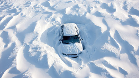 An overhead view of a car buried in snow, surrounded by clean, untouched snowdrifts.の素材