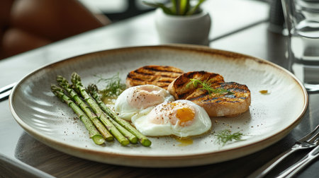A breakfast plate with poached eggs, toasted sourdough, and grilled green asparagus on a ceramic dish.の素材