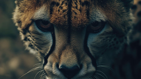 A captivating shot of a cheetah up close, showcasing the detailed patterns on its fur and the sharp, focused expression.の素材