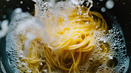 An overhead shot of spaghetti cooking in a pot of water, with bubbles and steam creating a lively atmosphere.の素材
