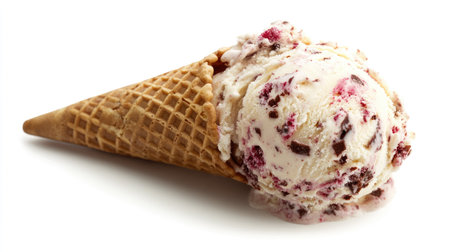 An empty wafer cone of ice cream on a white background, capturing the crispness and fine detail of the cone's texture.の素材