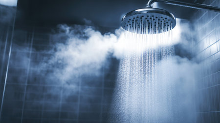 A bathroom featuring an electric water heater and a shower with clear glass doors, providing hot water for a luxurious experience.の素材