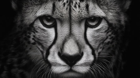 A breathtaking shot of a cheetah up close, focusing on the striking patterns of its fur and intense, piercing gaze.の素材