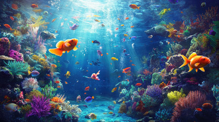 A beautiful aquarium filled with diverse fish, from bright orange goldfish to exotic species, amidst an array of plants and corals.の素材