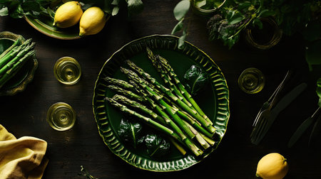 An overhead view of fresh asparagus on a dark wooden table, styled with complementary green and yellow props.の素材