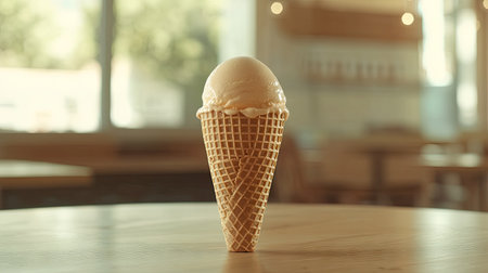A beautifully shot empty wafer cone of ice cream, showcasing its light brown color and texture with a blurred background.の素材