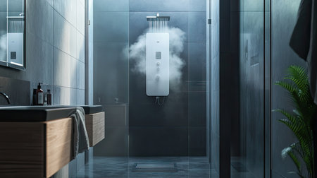 A bathroom scene with an electric water heater and a walk-in shower, the steam rising as hot water flows from the shower.の素材