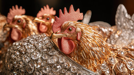 A bustling indoor chicken farm where chickens are laying eggs, automated systems in place to support a healthy environment.の素材