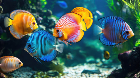 A captivating aquarium tank full of tropical fish, each displaying vibrant hues, swimming amidst aquatic plants and pebbles.の素材