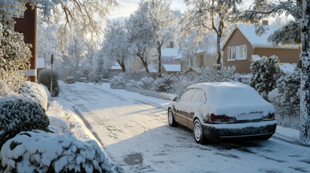 A compact car covered in snow on a suburban street, with surrounding houses and trees coated in white.の素材