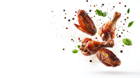 A captivating image of roasted chicken wings with spices flying above, isolated on a white background to highlight the flavors.の素材