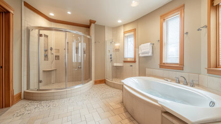 A bathroom featuring an electric water heater and a shower with clear glass doors, providing hot water for a luxurious experience.の素材