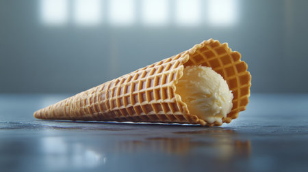 An empty wafer cone sitting on a surface, emphasizing its thin texture and the hollow interior, awaiting a scoop of ice cream.の素材
