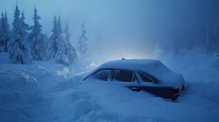 A buried car under a heavy snowfall, with only the roof antenna visible, surrounded by untouched snow.の素材