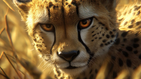 A beautiful closeup of a cheetah, with its piercing eyes and delicately patterned fur, in its natural habitat under soft lighting.の素材