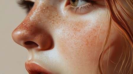 A beautiful close-up of a woman's nose, showcasing the fine details of her skin texture and the natural contours of her face.の素材