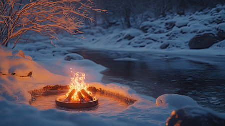 A bright campfire on a snowy riverbank, with ice and snow covering the nearby rocks and water edges.の素材