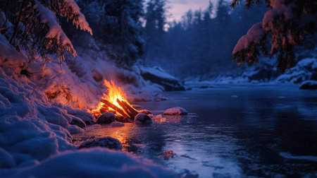 A bright campfire on a snowy riverbank, with ice and snow covering the nearby rocks and water edges.の素材