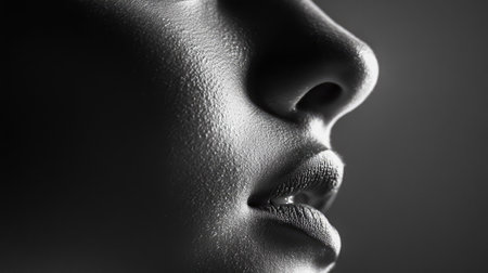 A clear, close-up shot of a woman's nose with an emphasis on its graceful shape, illuminated by soft, natural light.の素材