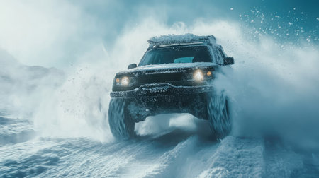 A car with winter tires driving steadily down a snow-covered road, with snow accumulating on the vehicle's roof and hood.の素材
