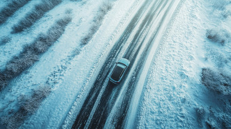 A car with winter tires leaving a trail of tire tracks behind on a snowy highway, with winter weather conditions evident.の素材