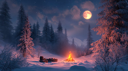 A campfire glowing in the snow under a full moon, with a snowy pine forest creating a magical winter atmosphere.の素材