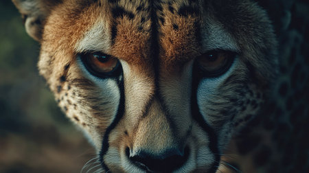 A beautiful closeup of a cheetah's face, highlighting its sharp features, spots, and piercing eyes, with a natural backdrop.の素材