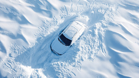 An overhead view of a car buried in snow, surrounded by clean, untouched snowdrifts.の素材