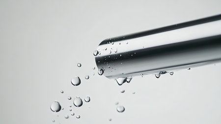 A close-up of water leaking from a small crack in a stainless steel pipe, droplets forming and falling against a clean white background.の素材