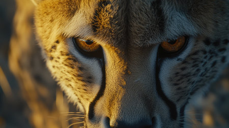 A beautiful closeup of a cheetah, focusing on its face and sharp, intense eyes, with soft lighting accentuating its features.の素材