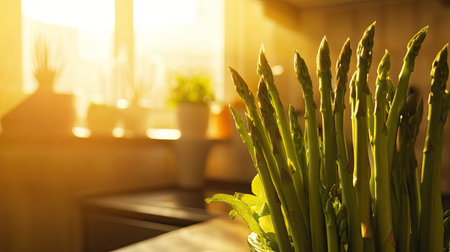 A close-up shot of green asparagus spears with a blurred kitchen in the background.の素材