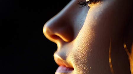 A close-up of a woman's nose, focusing on the smoothness and subtle texture of her skin, illuminated by soft ambient light.の素材