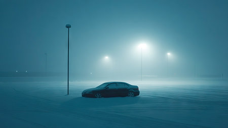 A car almost invisible under a blanket of snow in a heavily snowed-in parking lot, with only its shape discernible.の素材