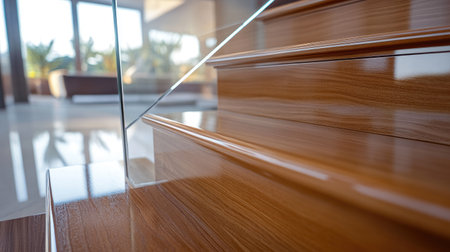A close-up of polished wooden steps with seamless glass railings in a luxurious, modern house.の素材
