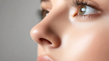A clean and crisp close-up shot of a woman's nose, highlighting the natural beauty of her facial features in soft light.の素材