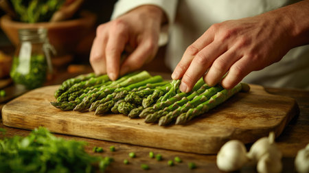 A chef's hands carefully slicing green asparagus on a wooden cutting board, surrounded by fresh ingredients.の素材