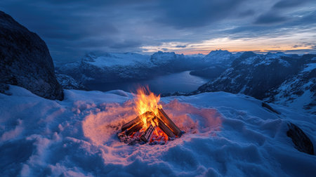 A cozy campfire built in the snow on a mountain ridge, with the fire reflecting against the icy backdrop.の素材