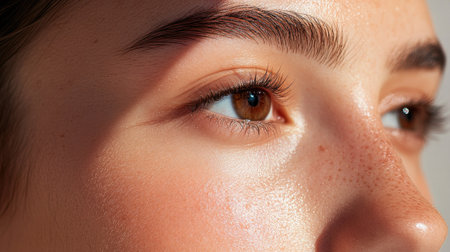 A close-up of a woman's nose, with soft lighting illuminating its delicate features and showcasing the smoothness of her skin.の素材