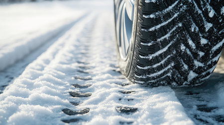 A car with winter tires leaving a trail of tire tracks behind on a snowy highway, with winter weather conditions evident.の素材