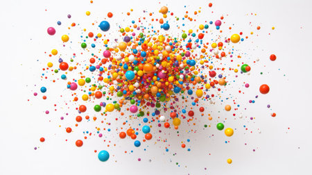 A burst of colorful Styrofoam mini balls flying in all directions against a bright white background, creating a dynamic explosion effect.の素材