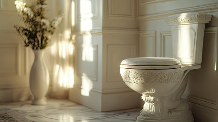 A close-up of a white toilet bowl with a decorative seat in a spacious, stylish bathroom with soft, neutral tones.の素材