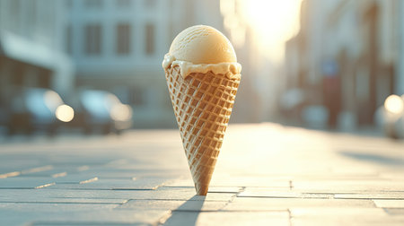 A beautifully shot empty wafer cone of ice cream, showcasing its light brown color and texture with a blurred background.の素材