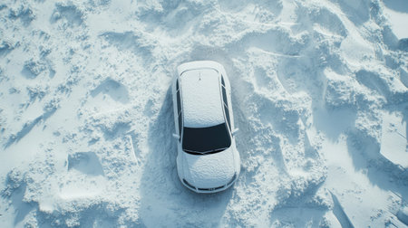 A car almost invisible under a blanket of snow in a heavily snowed-in parking lot, with only its shape discernible.の素材