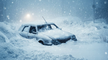 A buried car under a heavy snowfall, with only the roof antenna visible, surrounded by untouched snow.の素材
