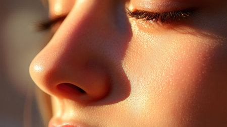 A close-up shot of a woman's nose, with clear skin and elegant contours, captured with soft lighting to accentuate her features.の素材