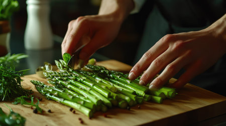 A chef's hands carefully slicing green asparagus on a wooden cutting board, surrounded by fresh ingredients.の素材