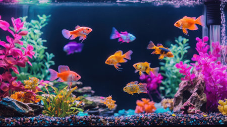 A colorful aquarium tank with schools of fish moving in unison, surrounded by aquatic plants and small rocks.の素材
