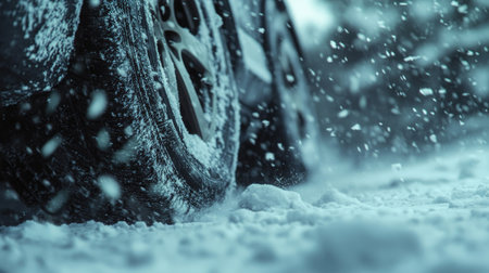 A close-up of a car's winter tires gripping the snow-covered road, with snowflakes falling in the foreground.の素材